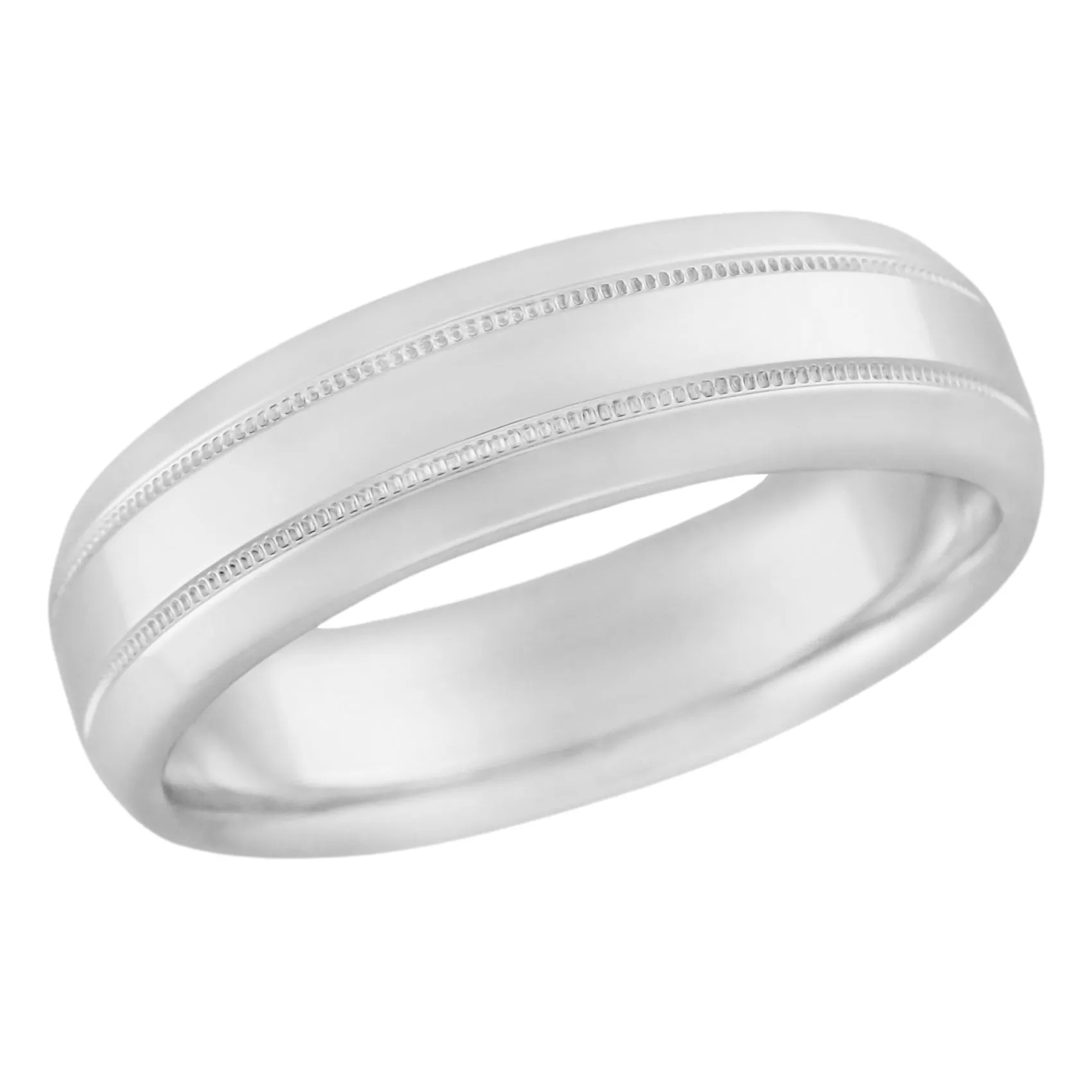 Mid Century Modern Men's Double Milgrain Center Wedding Band in White Gold - 6mm Wide - 10K, 14K or 18K