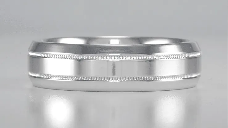 Mid Century Modern Men's Double Milgrain Center Wedding Band in White Gold - 6mm Wide - 10K, 14K or 18K
