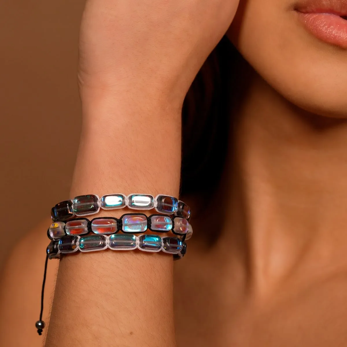 Milky Way | Silver | Galaxy Glass Pebble Macrame Bracelet