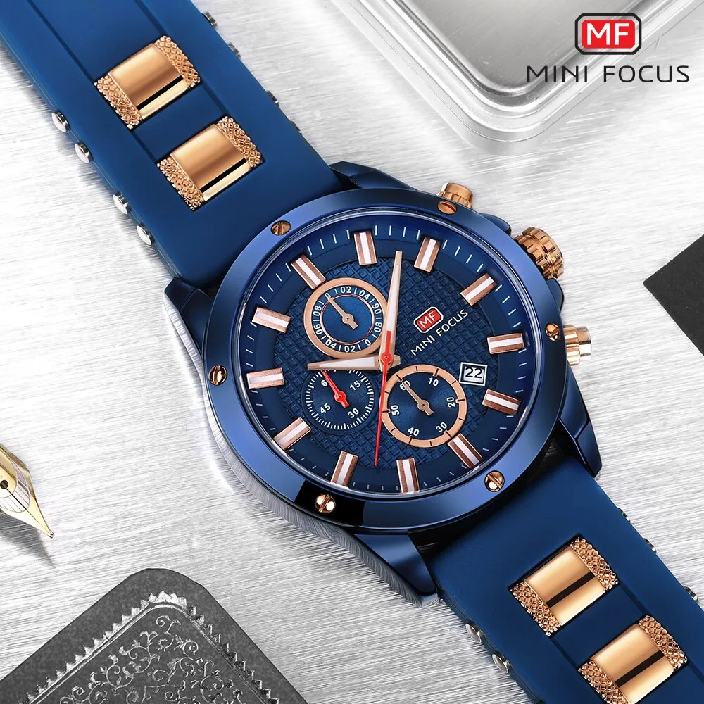 MINI FOCUS Quartz Male Sports Watches Silicone Band Watches Racing Men Students Chronograph Watch Men&#39;s Glow Hands Clock MF0089