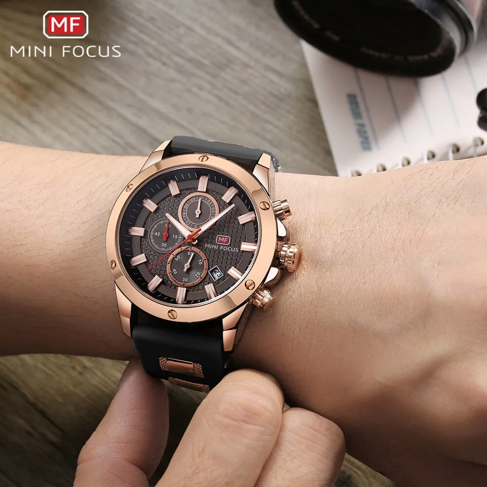 MINI FOCUS Quartz Male Sports Watches Silicone Band Watches Racing Men Students Chronograph Watch Men&#39;s Glow Hands Clock MF0089