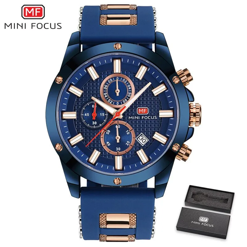 MINI FOCUS Quartz Male Sports Watches Silicone Band Watches Racing Men Students Chronograph Watch Men&#39;s Glow Hands Clock MF0089