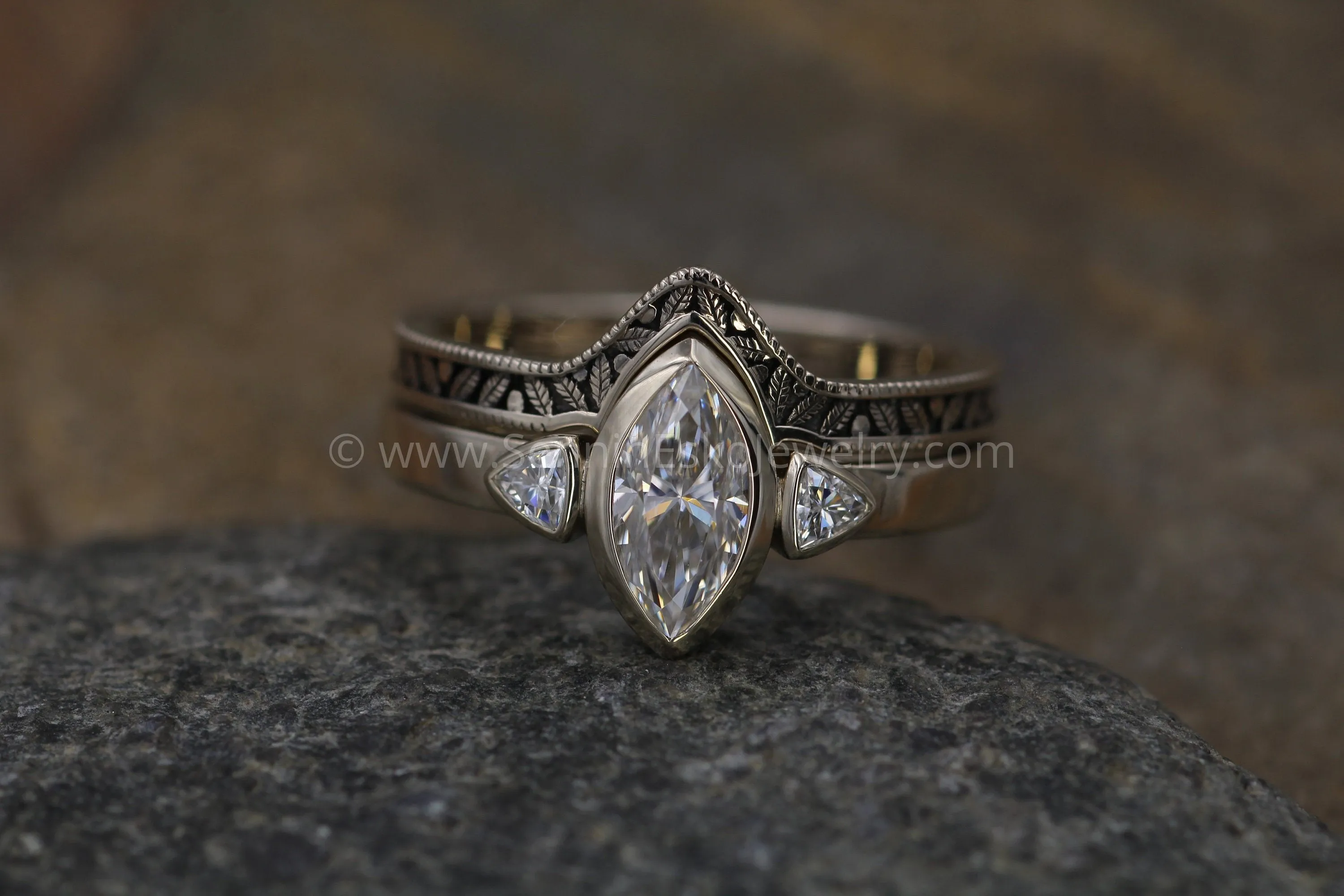Moissanite White Gold Hand Made Leaf Engraved Vintage Engagement Ring Set - Marquise