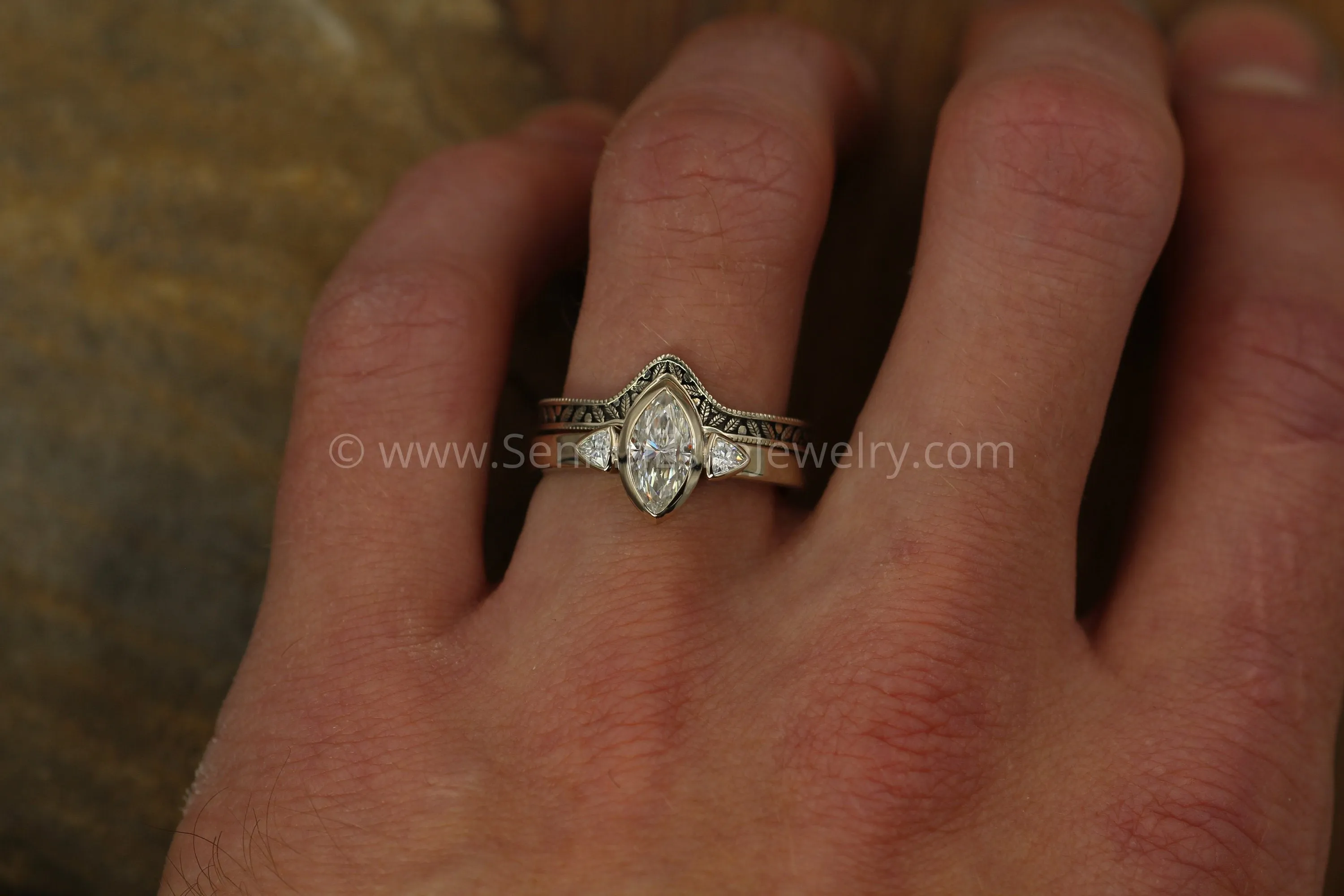 Moissanite White Gold Hand Made Leaf Engraved Vintage Engagement Ring Set - Marquise