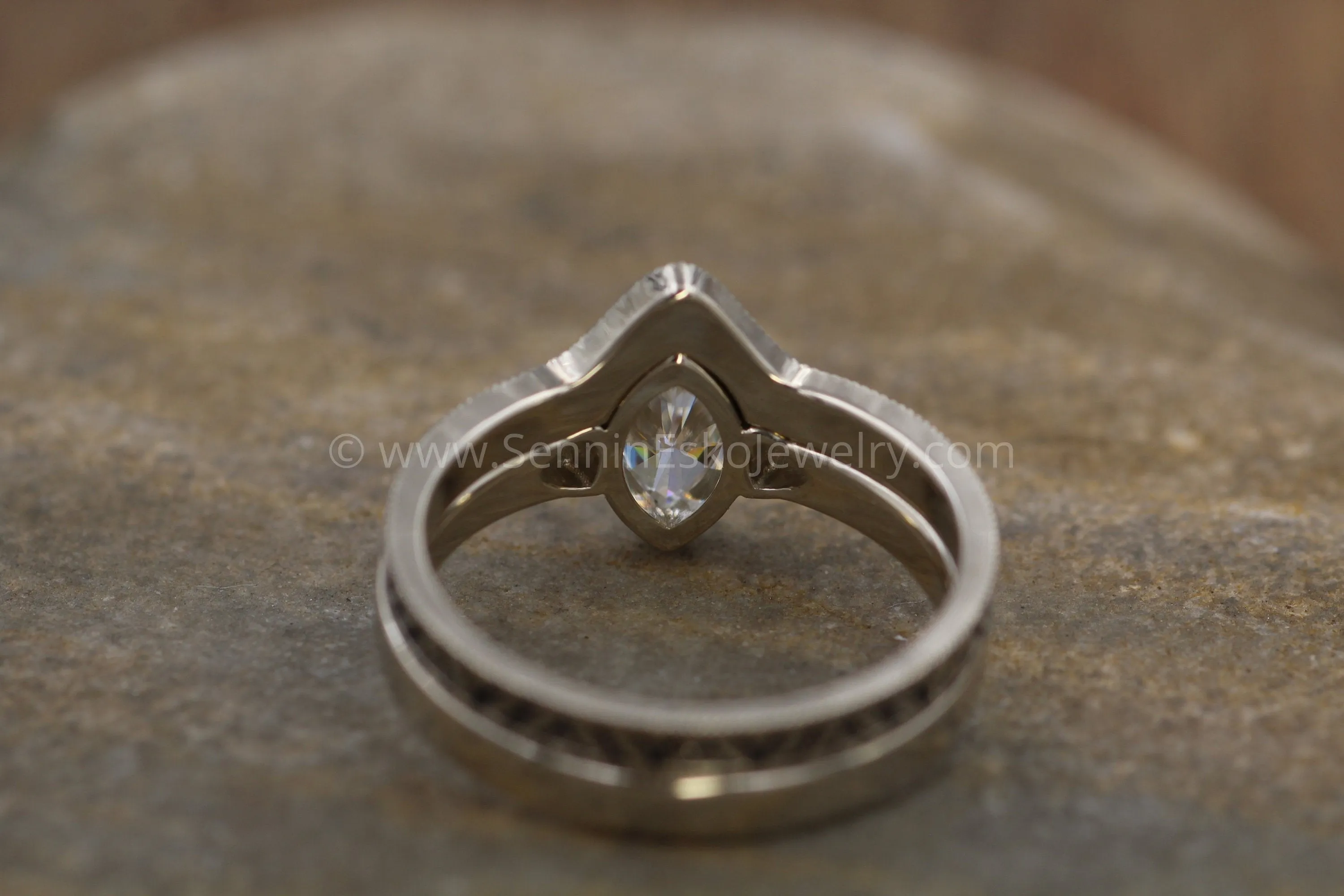 Moissanite White Gold Hand Made Leaf Engraved Vintage Engagement Ring Set - Marquise