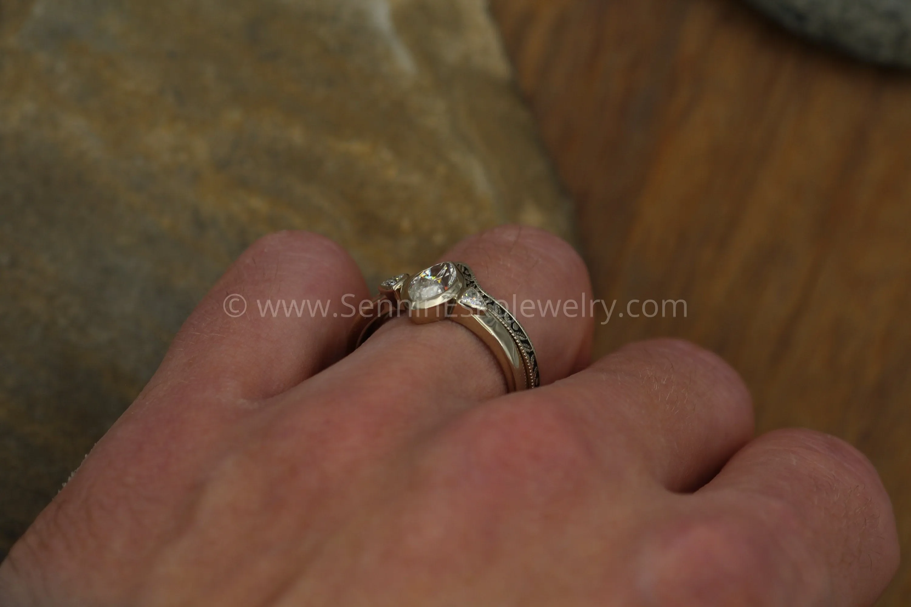 Moissanite White Gold Hand Made Leaf Engraved Vintage Engagement Ring Set - Marquise