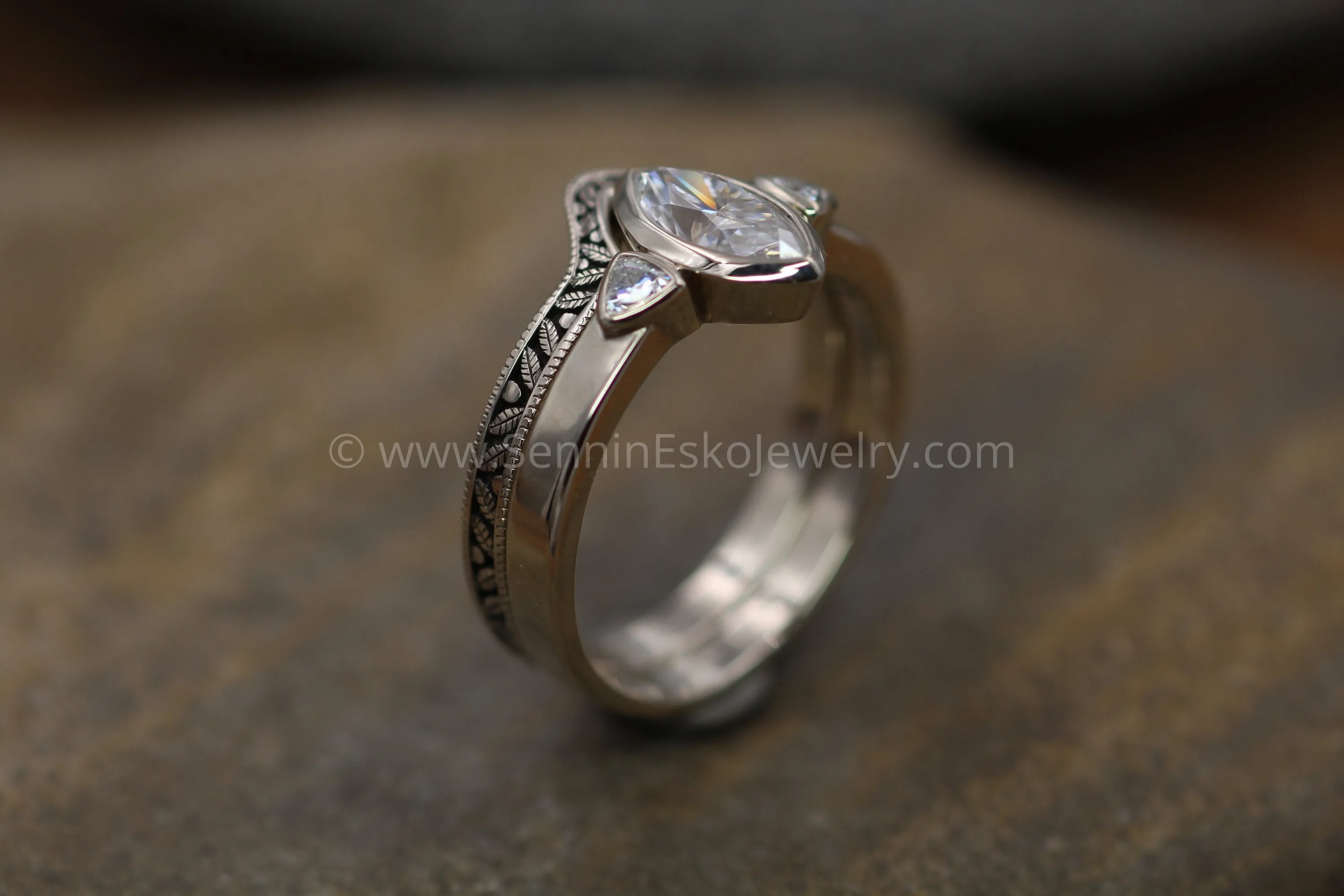 Moissanite White Gold Hand Made Leaf Engraved Vintage Engagement Ring Set - Marquise