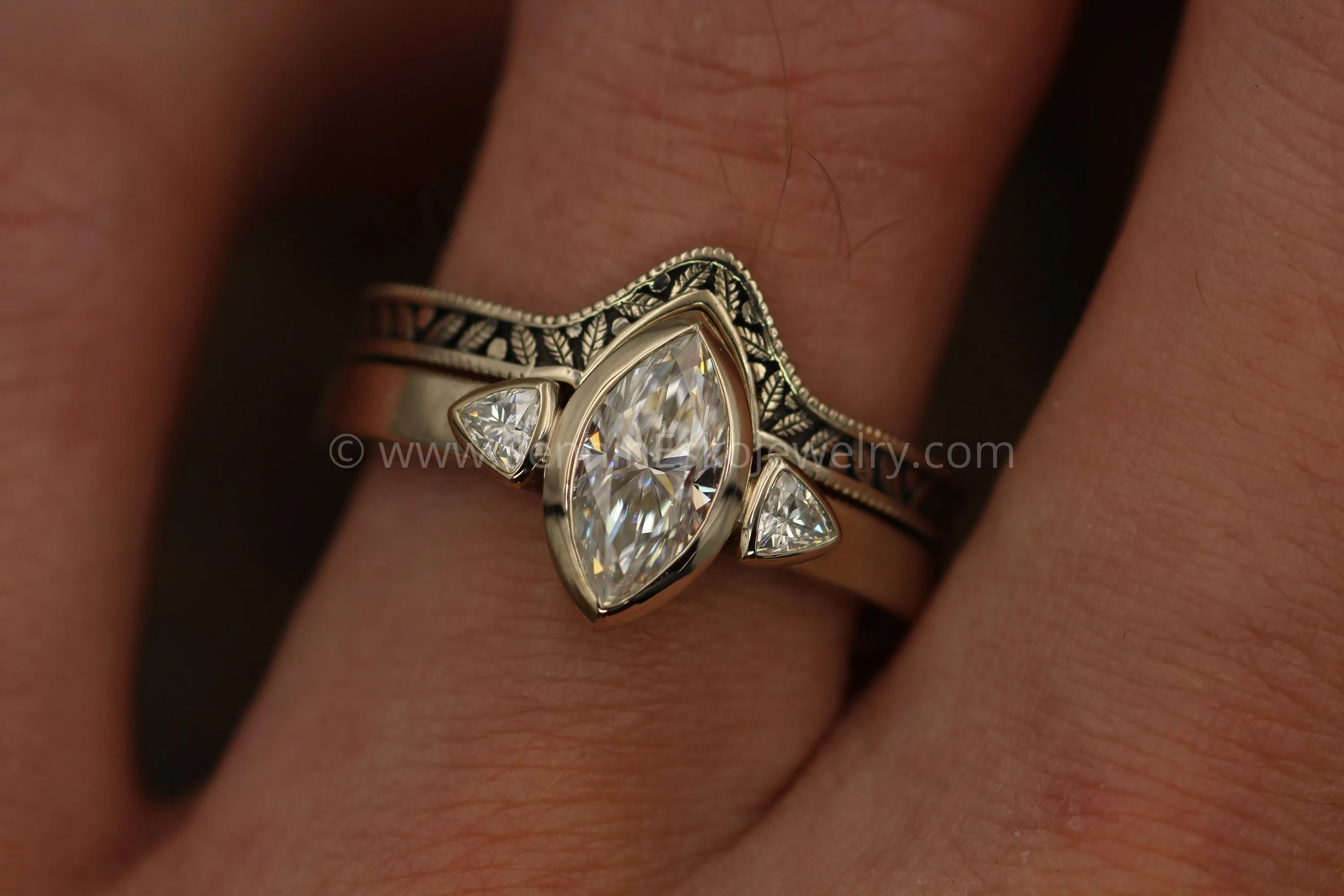 Moissanite White Gold Hand Made Leaf Engraved Vintage Engagement Ring Set - Marquise