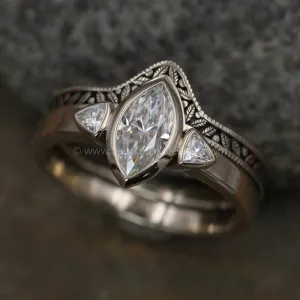 Moissanite White Gold Hand Made Leaf Engraved Vintage Engagement Ring Set - Marquise