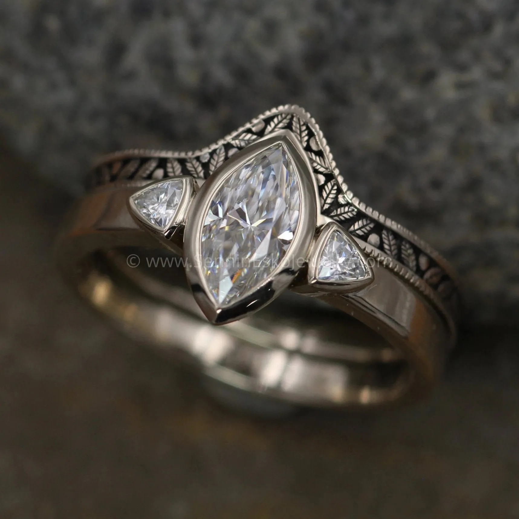 Moissanite White Gold Hand Made Leaf Engraved Vintage Engagement Ring Set - Marquise