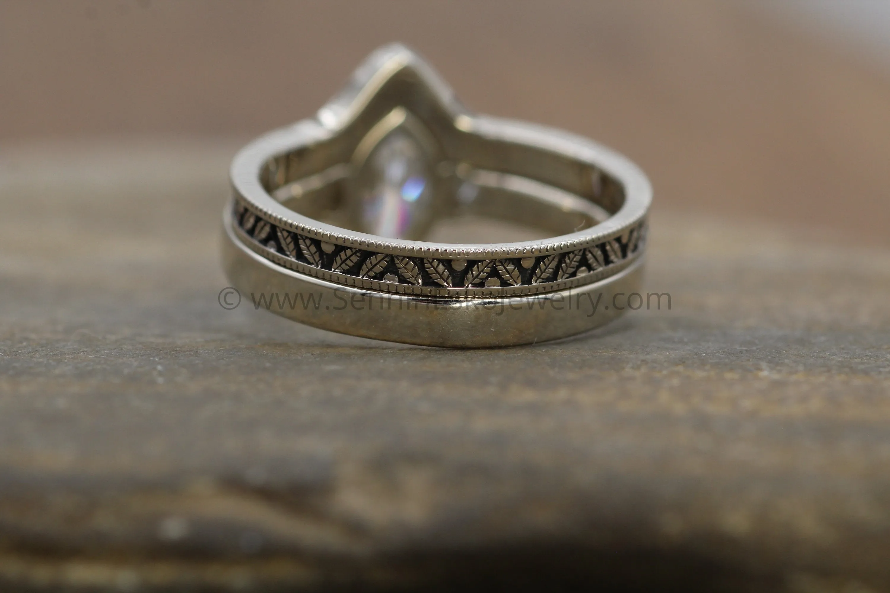 Moissanite White Gold Hand Made Leaf Engraved Vintage Engagement Ring Set - Marquise
