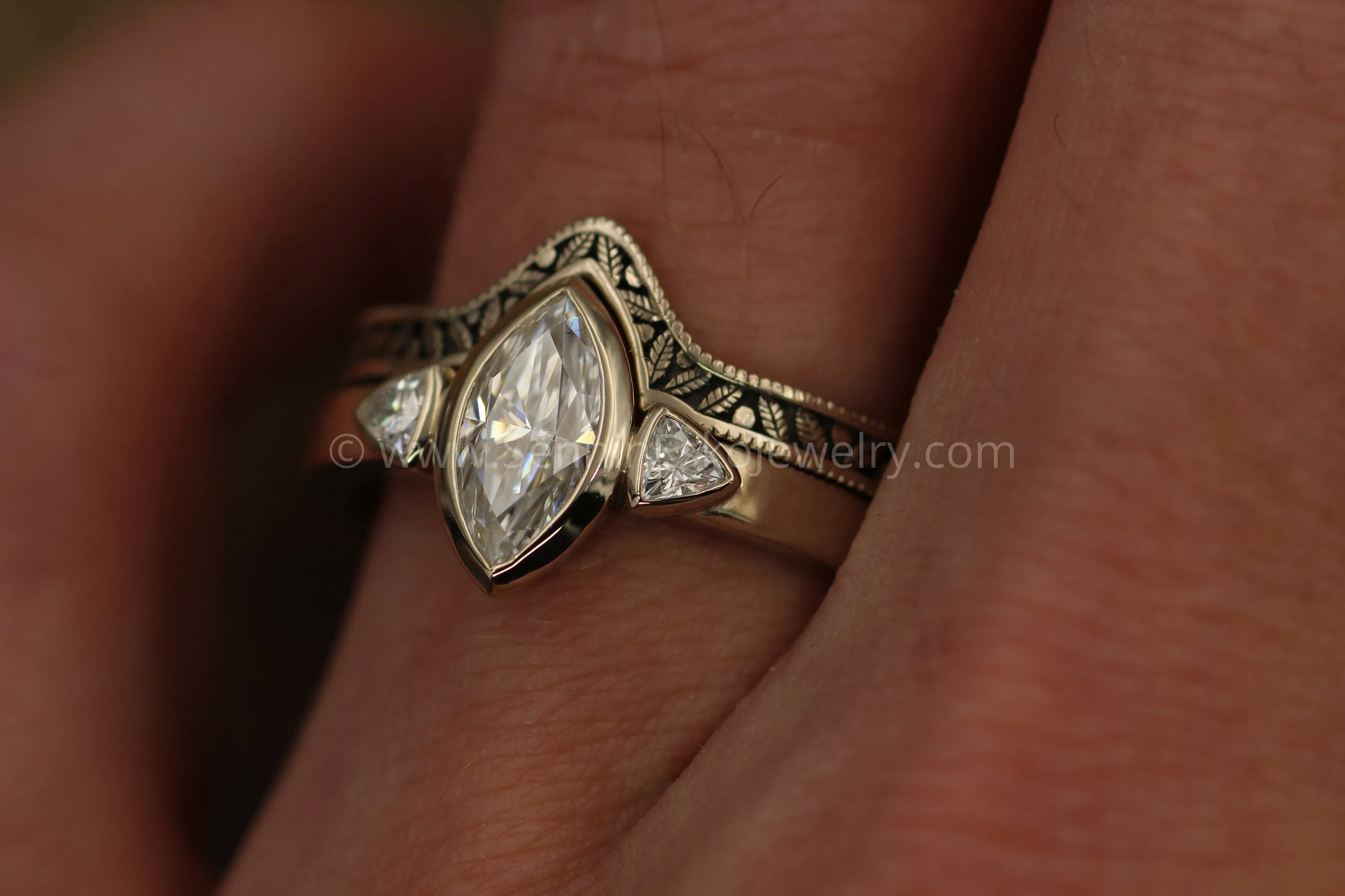 Moissanite White Gold Hand Made Leaf Engraved Vintage Engagement Ring Set - Marquise