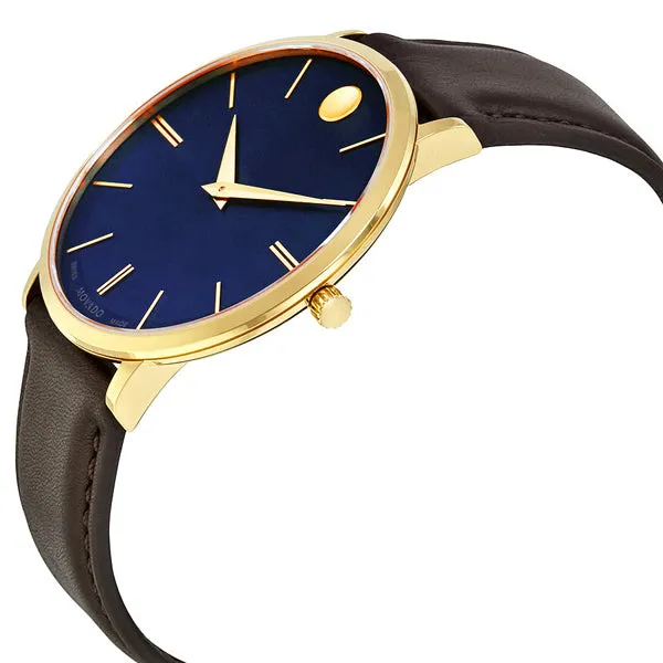 Movado Ultra Slim Black Leather Blue Dial Quartz Watch for Gents - 607088