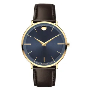 Movado Ultra Slim Black Leather Blue Dial Quartz Watch for Gents - 607088