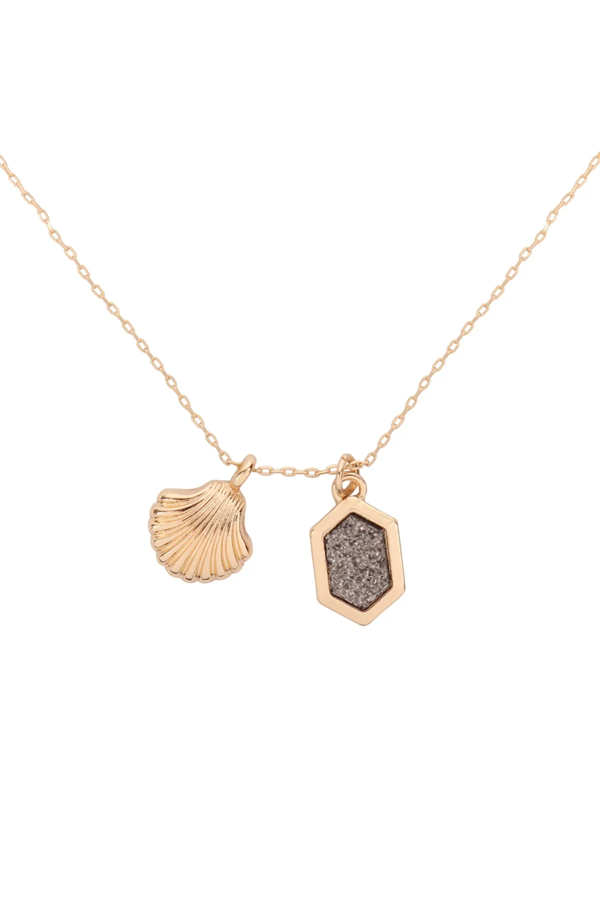 MYN1461 - SHELL HEXAGON DRUZY DOUBLE PENDANT NECKLACE