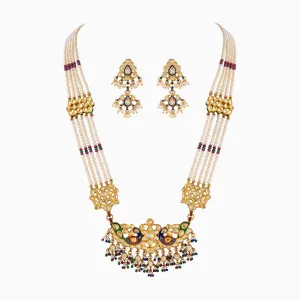 Necklace (Mini Patrihaar) with Uncut Diamond, Japanese Pearls and Cultured Pearls (Handwork Enamel Ekposta)- KMNE2868