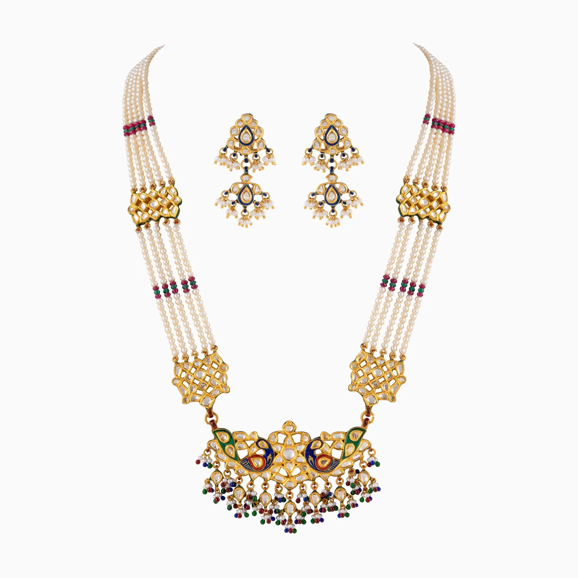 Necklace (Mini Patrihaar) with Uncut Diamond, Japanese Pearls and Cultured Pearls (Handwork Enamel Ekposta)- KMNE2868