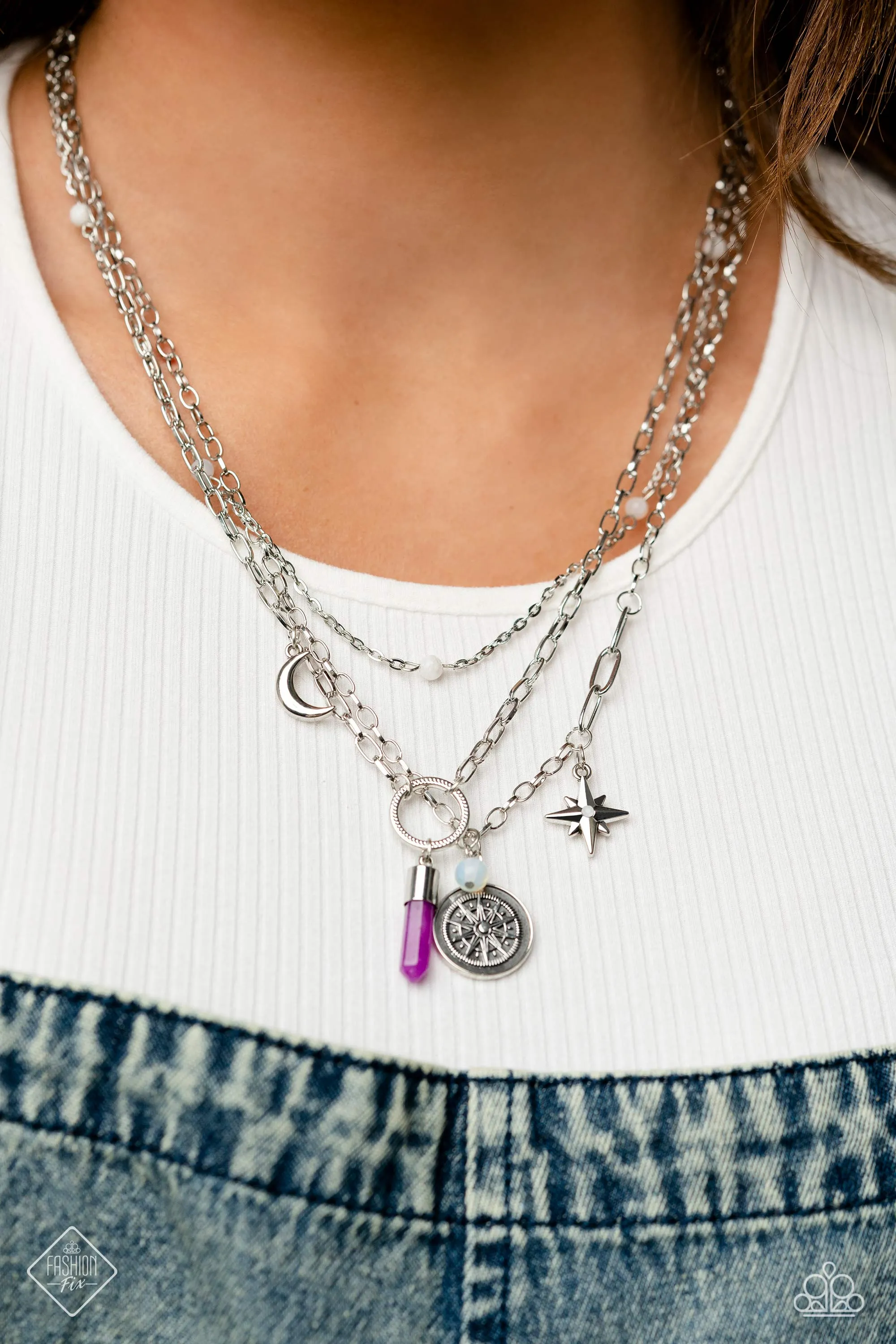 Notable Navigator - Purple - Amethyst Crystal Silver Moon Tiered Paparazzi Short Necklace - June 2023 Simply Santa Fe