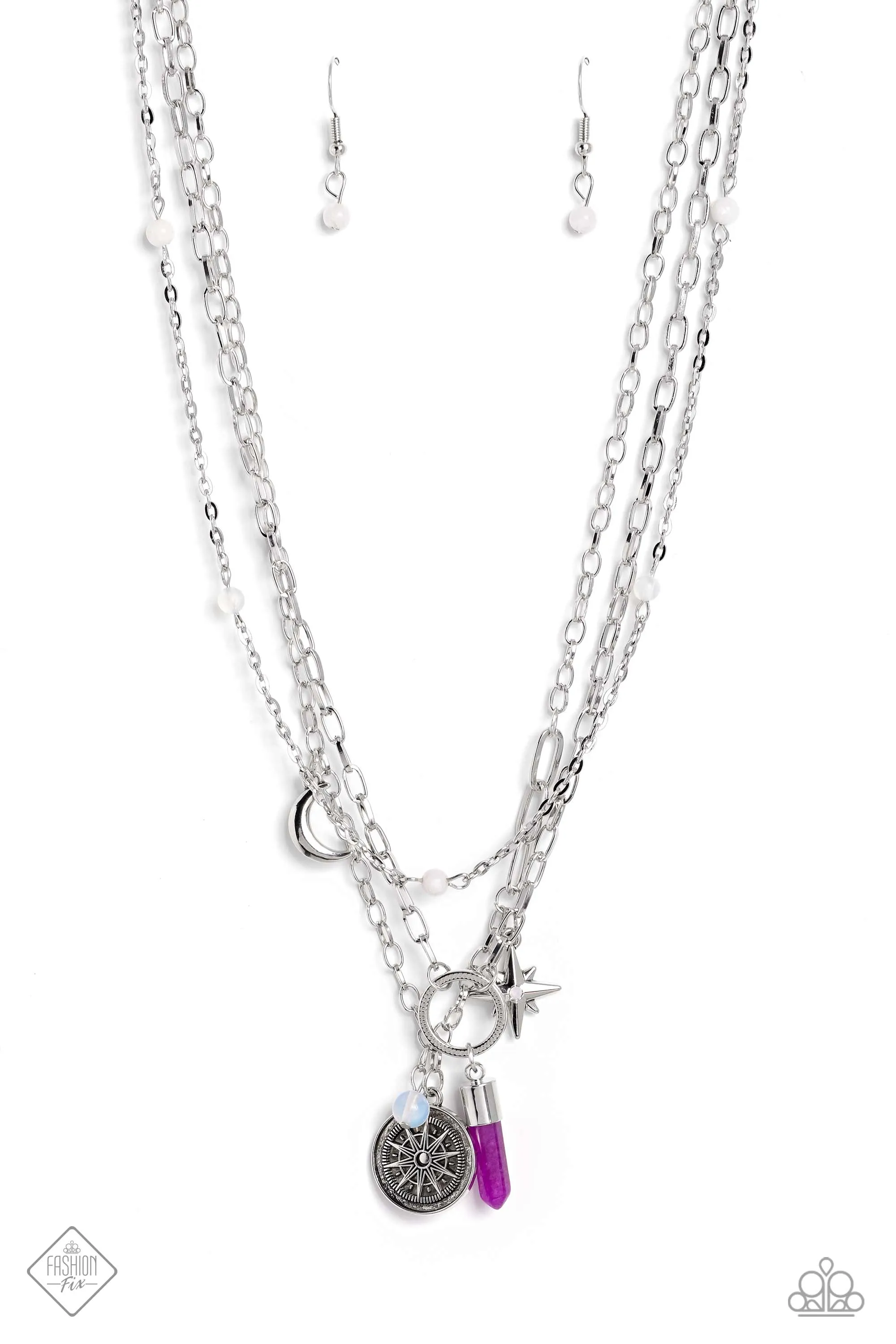 Notable Navigator - Purple - Amethyst Crystal Silver Moon Tiered Paparazzi Short Necklace - June 2023 Simply Santa Fe