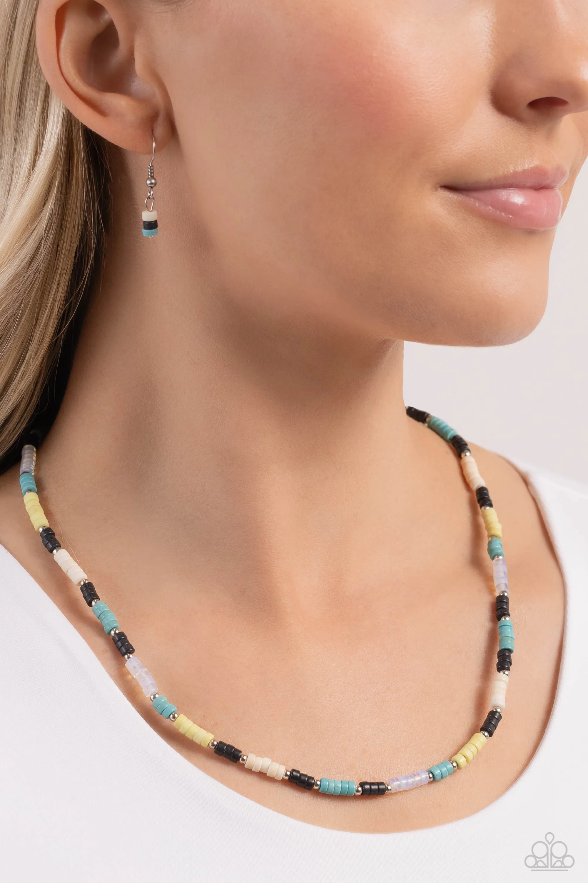 Oasis Outline - Black - Blue, Yellow, White Stone Disc Paparazzi Short Necklace
