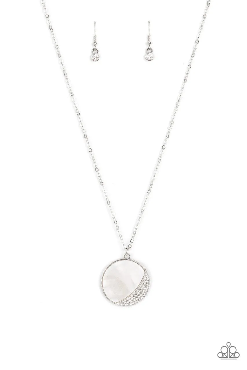 Oceanic Eclipse - White - Seashell Rhinestone Studded Circular Pendant Paparazzi Short Necklace