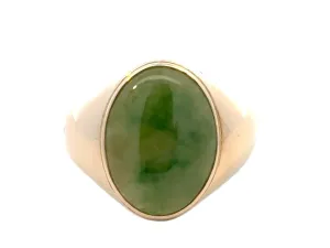 Oval Mottled Green Jade Ring 14K Yellow Gold
