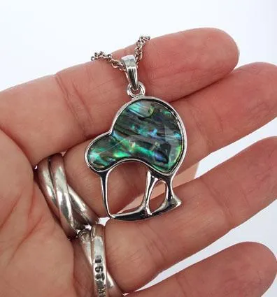 Paua and Silver Kiwi Bird Necklace