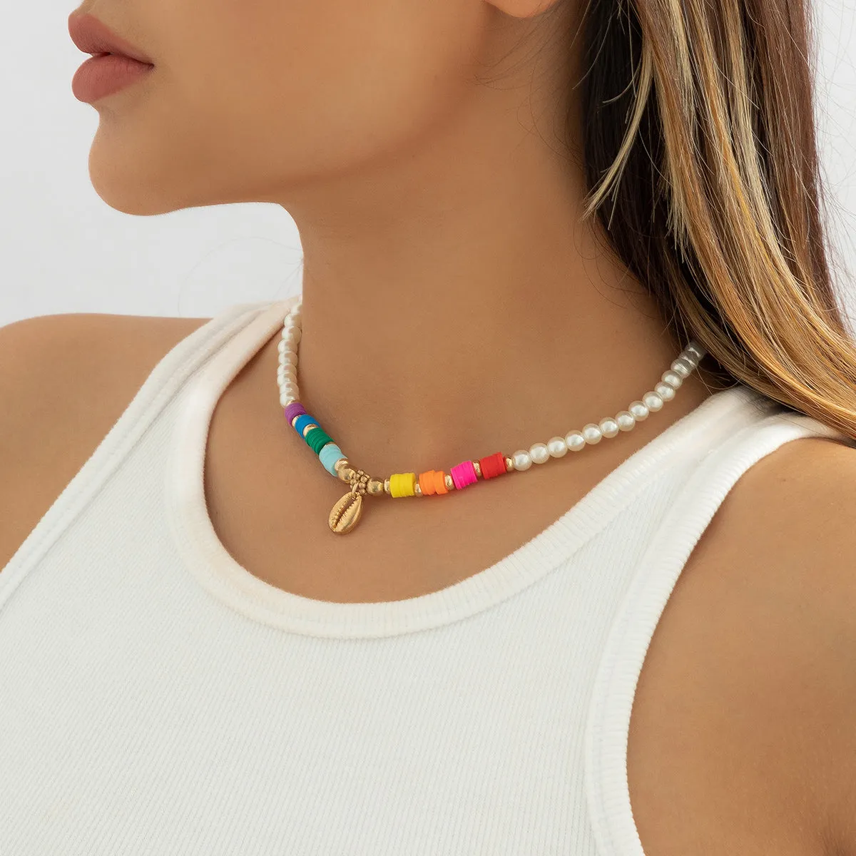 Pearl & Multicolor Polymer Clay 18K Gold-Plated Shell Pendant Necklace