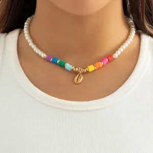 Pearl & Multicolor Polymer Clay 18K Gold-Plated Shell Pendant Necklace
