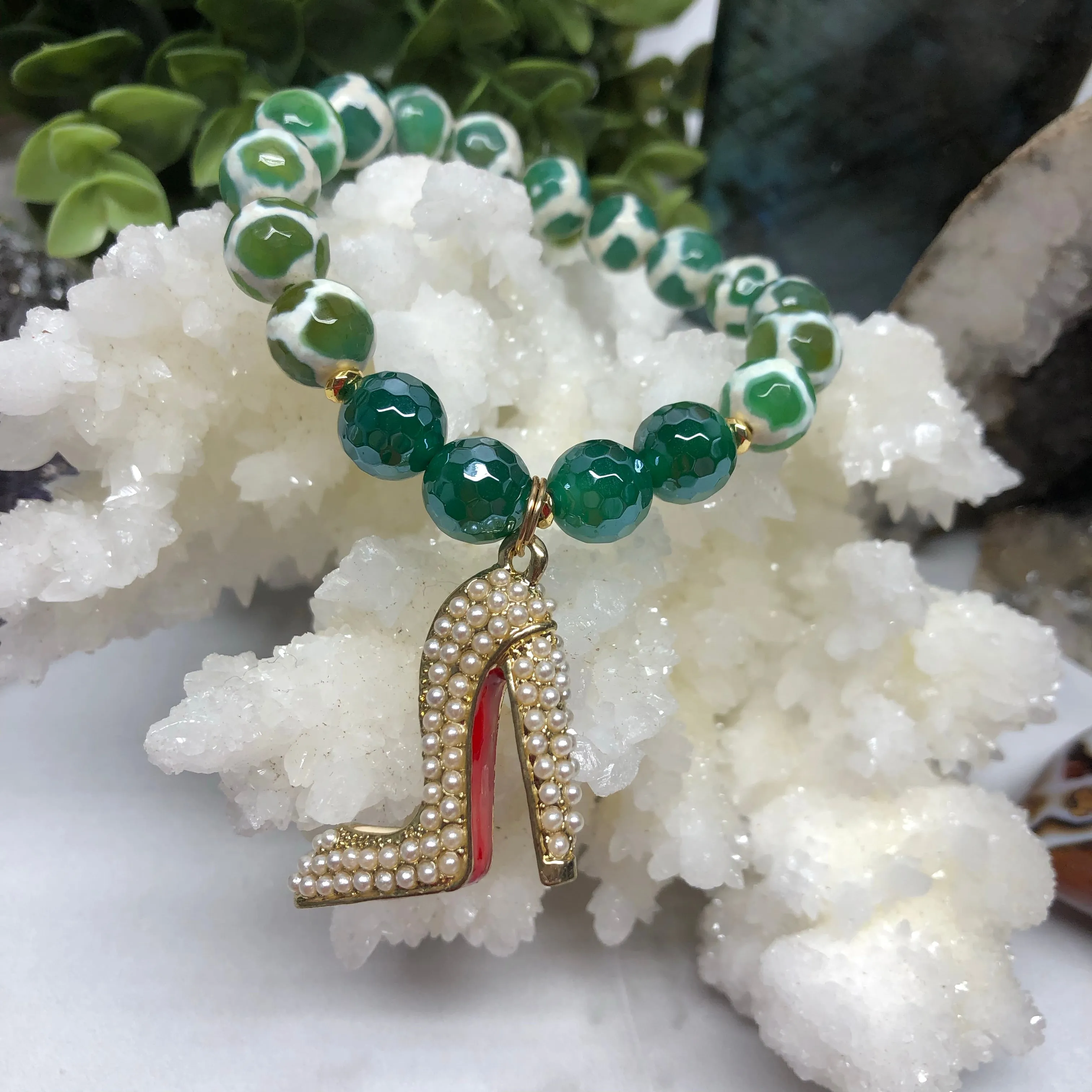 Plated Agate Bracelet with Pearl Red Bottom Heel Charm-Green Pearl