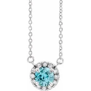 Platinum 4 mm Natural Blue Zircon & .05 CTW Natural Diamond 16" Necklace