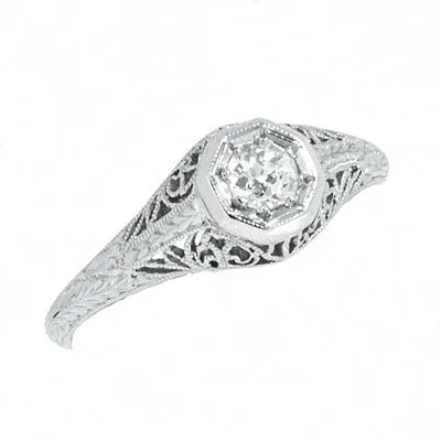 Platinum Ladies Vintage Filigree 1/4 Carat Round Diamond Engagement Ring