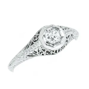 Platinum Ladies Vintage Filigree 1/4 Carat Round Diamond Engagement Ring