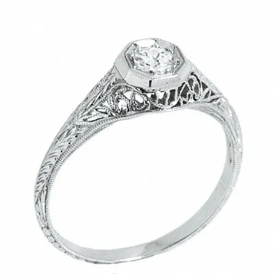 Platinum Ladies Vintage Filigree 1/4 Carat Round Diamond Engagement Ring