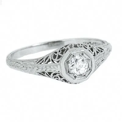 Platinum Ladies Vintage Filigree 1/4 Carat Round Diamond Engagement Ring