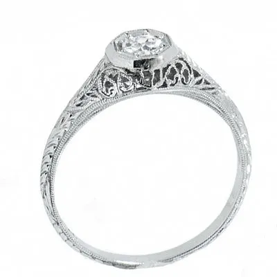 Platinum Ladies Vintage Filigree 1/4 Carat Round Diamond Engagement Ring