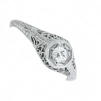 Platinum Ladies Vintage Filigree 1/4 Carat Round Diamond Engagement Ring