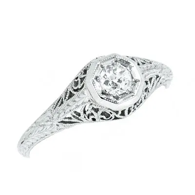 Platinum Ladies Vintage Filigree 1/4 Carat Round Diamond Engagement Ring
