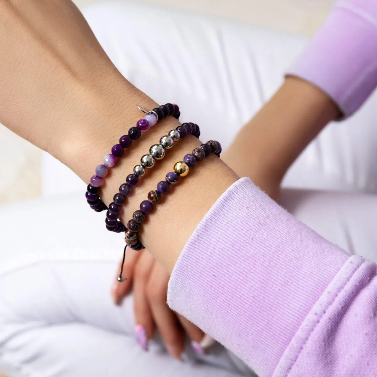 Purple Line Agate | .925 Sterling Silver | Healing Gemstone Bead Bracelet