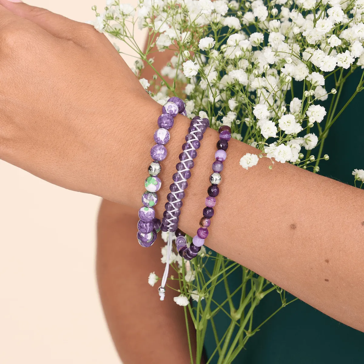 Purple Line Agate | .925 Sterling Silver | Healing Gemstone Bead Bracelet