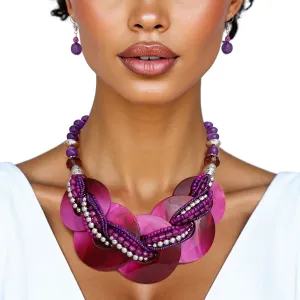 Purple Shell Disc Beaded Necklace Set with Layered Beads and Matching Earrings