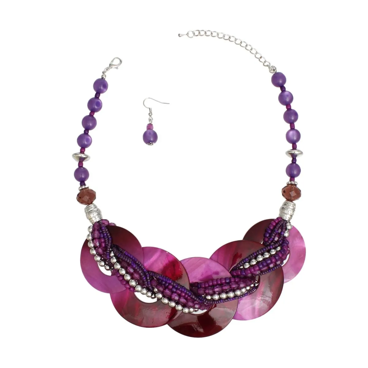 Purple Shell Disc Beaded Necklace Set with Layered Beads and Matching Earrings