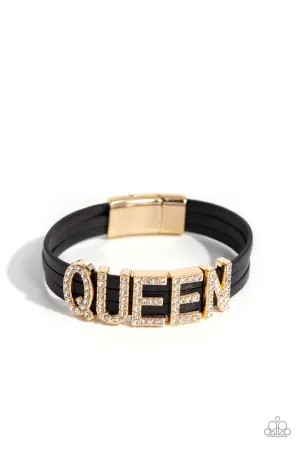 Queen of My Life - Gold - Black Leather White Rhinestone "QUEEN" Paparazzi Magnetic Bracelet