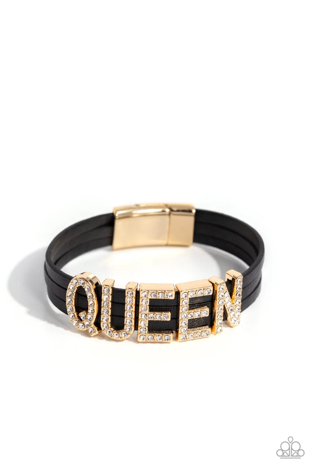 Queen of My Life - Gold - Black Leather White Rhinestone "QUEEN" Paparazzi Magnetic Bracelet