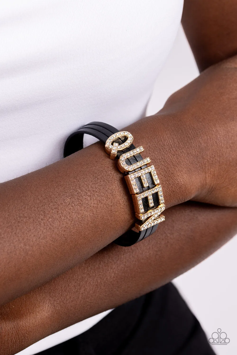 Queen of My Life - Gold - Black Leather White Rhinestone "QUEEN" Paparazzi Magnetic Bracelet