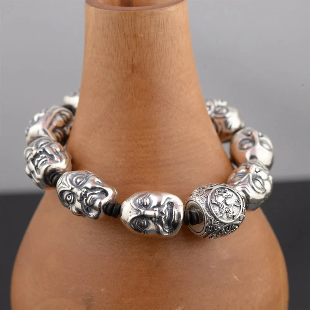 Real Solid 925 Sterling Silver Bracelets Link  Eighteen Arhats Four Buddhism Beast Luck Jewelry