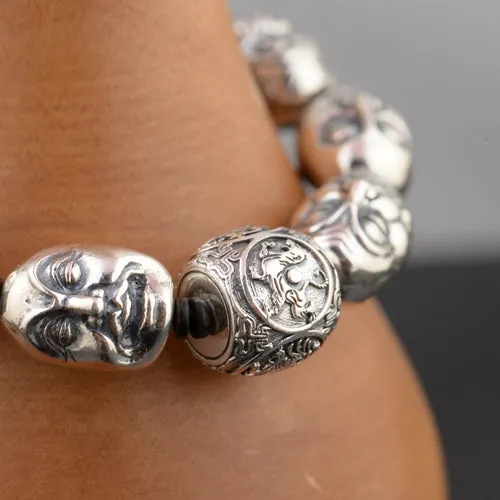 Real Solid 925 Sterling Silver Bracelets Link  Eighteen Arhats Four Buddhism Beast Luck Jewelry