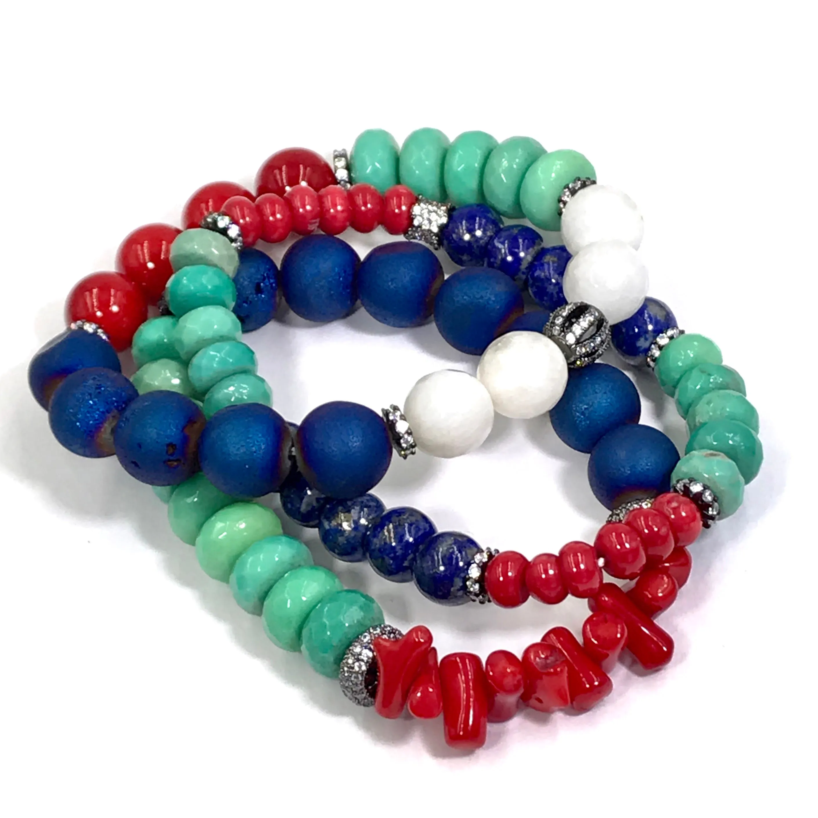 Red, Blue Green White Stack Bracelet Set of 3 Oxidized Silver Pave CZ