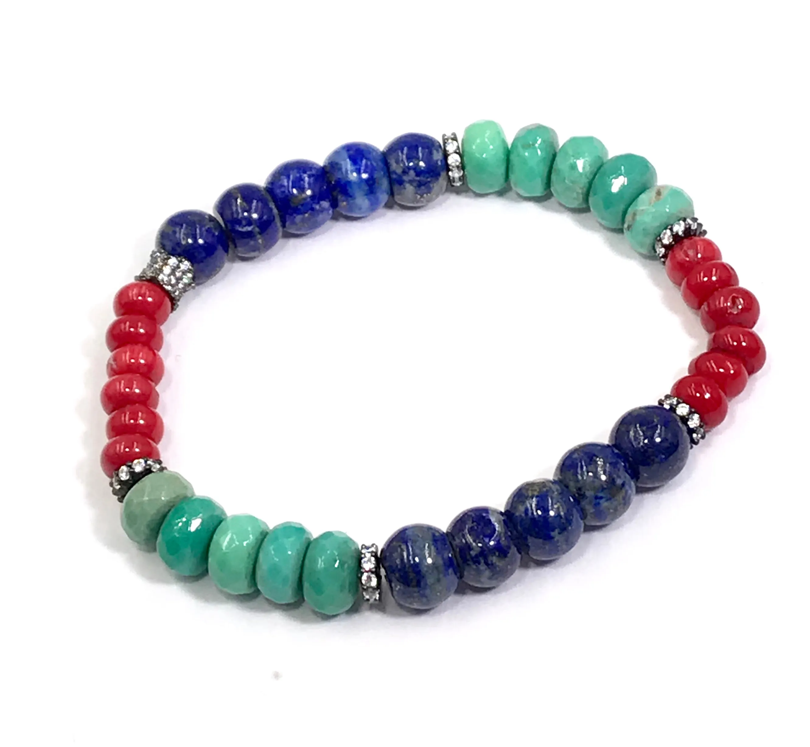 Red, Blue Green White Stack Bracelet Set of 3 Oxidized Silver Pave CZ