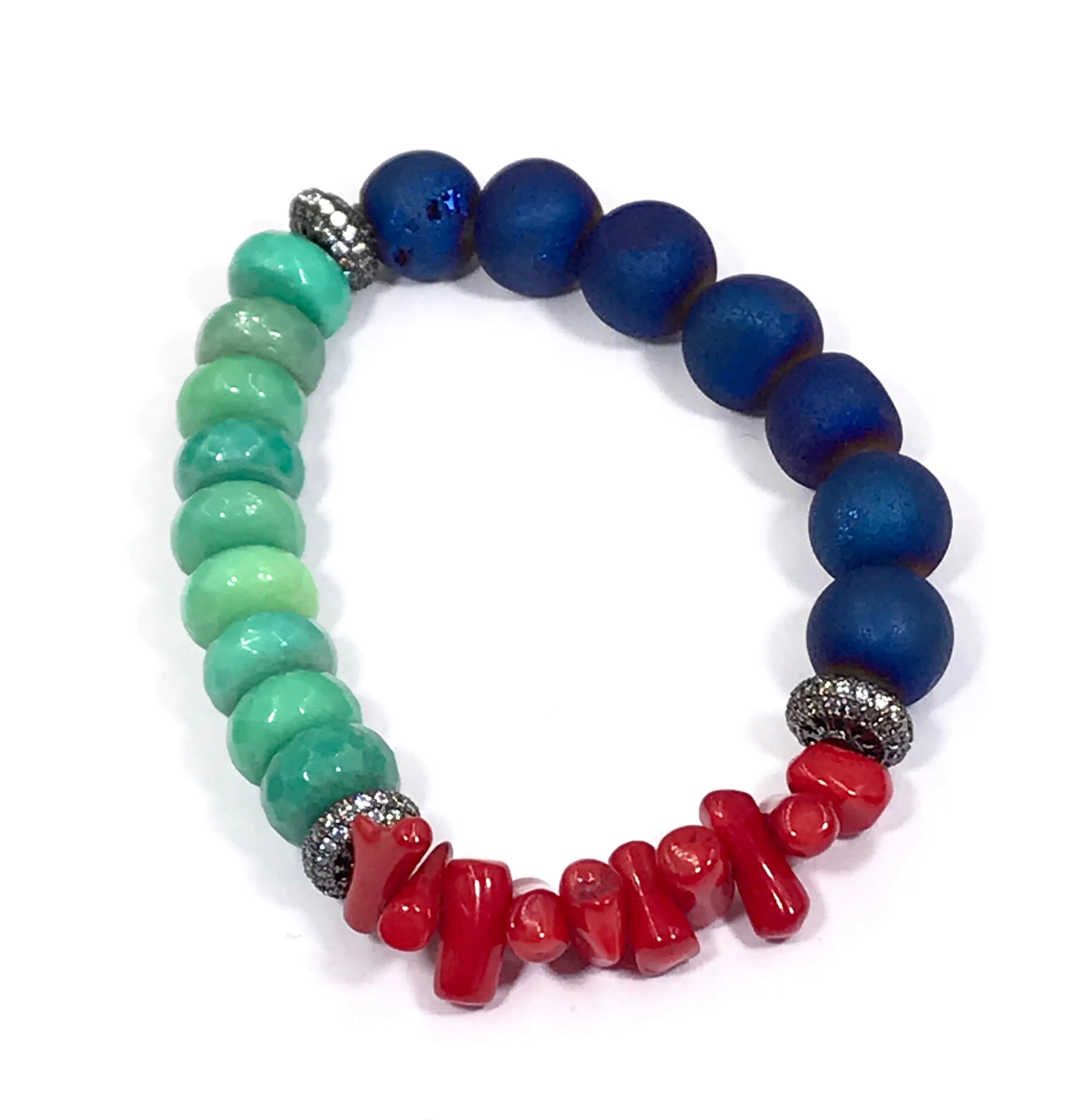 Red, Blue Green White Stack Bracelet Set of 3 Oxidized Silver Pave CZ